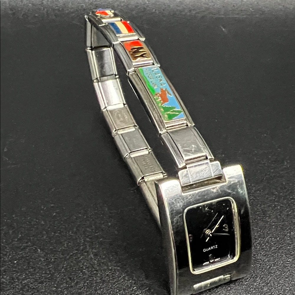 Black Dial Silver-Tone Women’s Watch w/ Enamel Links I ❤️ NY Alaska Texas & more